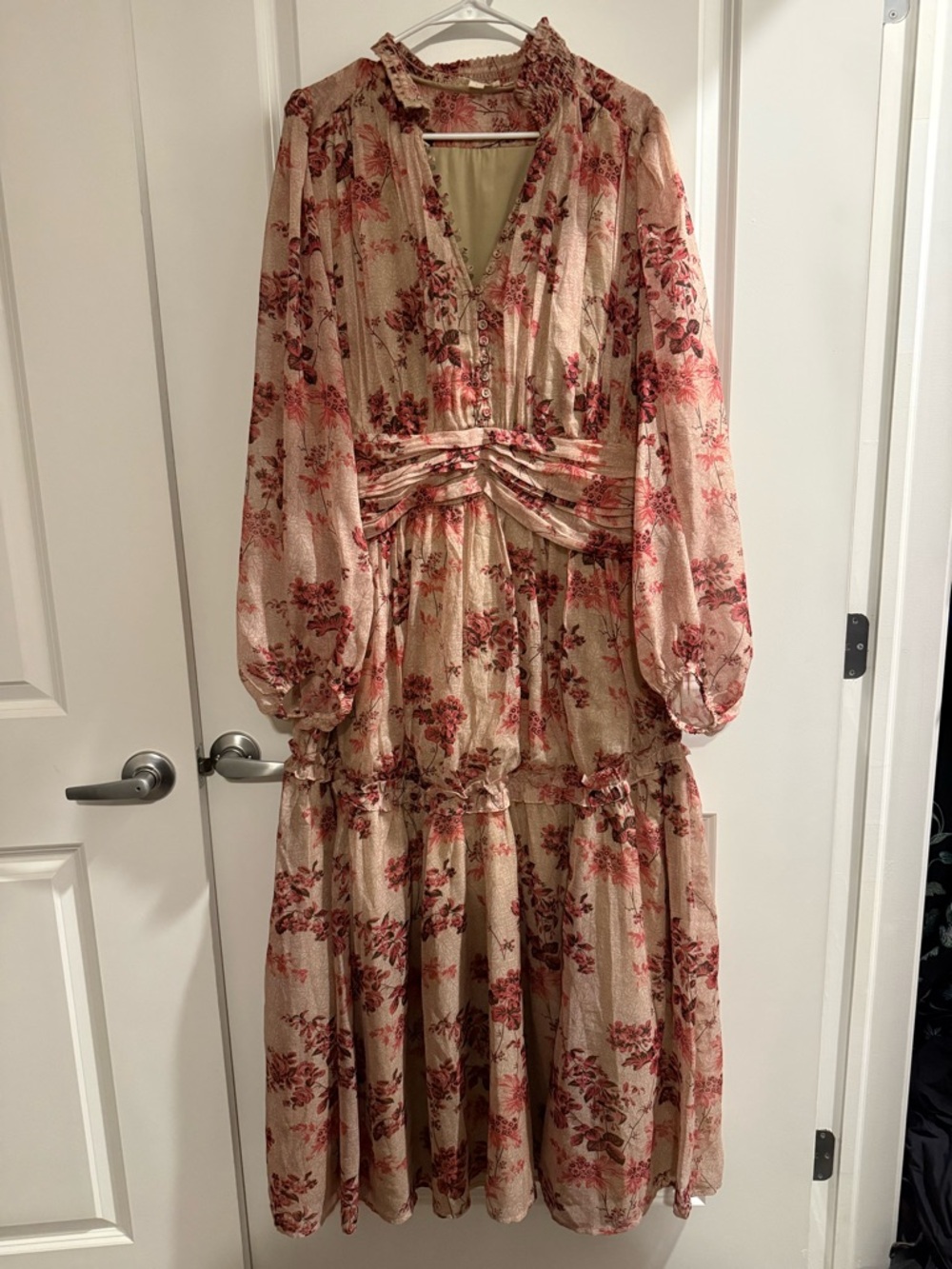 Anthropologie Let me Be Floral Ruffle Long-Sleeve Midi Dress in Beige and Rose